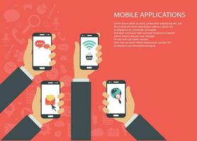 mobile applicazioni concetto. mani con telefoni. piatto vettore illustrazione.