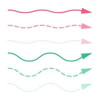 un' impostato di curvo magro multicolore frecce nel verde e rosa di diverso forme. minimalista tratteggiata segni, giocoso Linee isolato su un' bianca sfondo. vettore