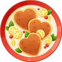 cuore Pancakes per pancake giorno con Limone fette, frutti di bosco e menta foglie, superiore Visualizza. vettore illustrazione di delizioso cibo nel cartone animato stile