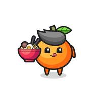 simpatico personaggio di mandarino che mangia noodles vettore