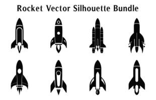 razzo silhouette clipart fascio, impostato di razzo icone vettore, lanciare navicella spaziale e navicella spaziale sagome vettore