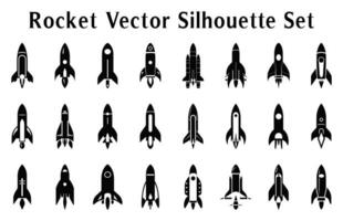 razzo silhouette clipart fascio, impostato di razzo icone vettore, lanciare navicella spaziale e navicella spaziale sagome vettore