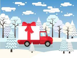 rosso camion trasporta tra inverno foresta enorme regalo legato con un' rosso arco vettore