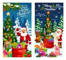 Natale banner con babbo natale, Borsa e pino albero vettore