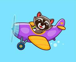 cartone animato procione animale pilota personaggio su aereo vettore
