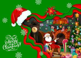 cartone animato Santa nel sedia vicino camino con i regali vettore