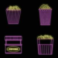 Popcorn cinema scatola icone impostato vettore neon