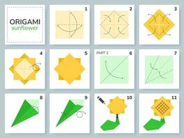 girasole origami schema lezione in movimento modello. origami per bambini. passo di passo Come per rendere un' carino origami fiore. vettore illustrazione.