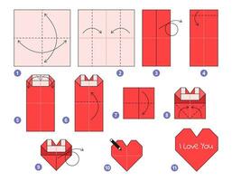 cuore origami schema lezione in movimento modello. origami per bambini. passo di passo Come per rendere un' carino origami rosso cuore. vettore illustrazione. contento San Valentino giorno.