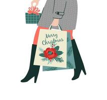 Natale e contento nuovo anno isolato illustrazione. signora trasporta i regali. di moda retrò stile. vettore design modello.