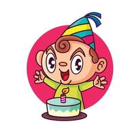 cartone animato ragazzo carino festeggia il compleanno con la torta vettore