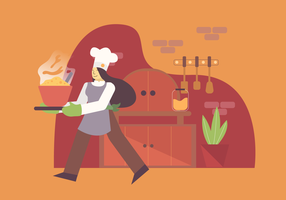 Illustrazione del carattere di vettore di cottura del cuoco unico felice della donna