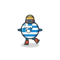 cartone animato della bandiera della grecia come un giocatore di pattinaggio sul ghiaccio che fa esibirsi vettore