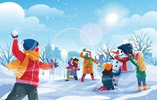 paese delle meraviglie invernale con bambini che giocano a sfondo di neve concept vettore
