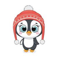 pinguino simpatico cartone animato con il cappello invernale. vettore