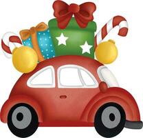 allegro Natale nel stile rosso Vintage ▾ auto con regalo scatola, Natale illustrazione vettore