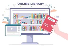 educazione digitale della biblioteca online con illustrazione di apprendimento a distanza vettore