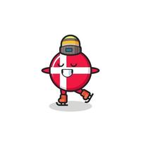 cartone animato distintivo bandiera danimarca come un giocatore di pattinaggio sul ghiaccio che fa esibirsi vettore