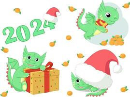 carino Drago adesivi, 2024, vacanze, anno di il Drago, Santa Claus cappello, mandarini, regalo, adesivi, adesivi, personaggi vettore illustrazione