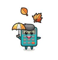 cartone animato della calcolatrice carina che tiene un ombrello in autunno vettore