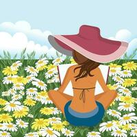 donna lettura libro all'aperto. donna rilassante su campo. estate e primavera sfondo. piatto vettore illustrazione