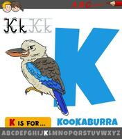 lettera K a partire dal alfabeto con cartone animato kookaburra uccello personaggio vettore