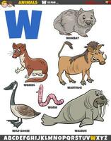 cartone animato animale personaggi per lettera w educativo impostato vettore