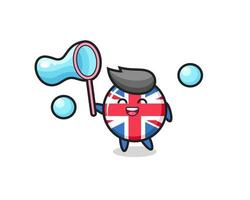 cartone animato felice del distintivo della bandiera del regno unito che gioca la bolla di sapone vettore