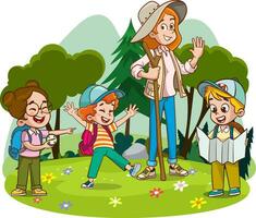 vettore illustrazione di bambini campeggio e il trekking