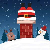 renna e pupazzo di neve guardare preoccupato a Santa Claus nel il camino. divertente notte Natale scena. vettore