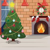 inverno vacanza illustrazione interno con un' il camino, decorato Natale albero e finestra vettore