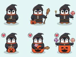 pinguino halloween set strega vettore