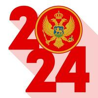 contento nuovo anno 2024, lungo ombra bandiera con montenegro bandiera dentro. vettore illustrazione.