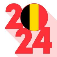 contento nuovo anno 2024, lungo ombra bandiera con Belgio bandiera dentro. vettore illustrazione.
