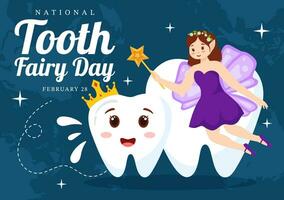 nazionale dente Fata giorno vettore illustrazione con poco ragazza per Aiuto bambini per dentale trattamento in forma nel piatto cartone animato sfondo design