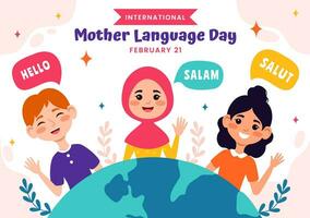 internazionale madre linguaggio giorno vettore illustrazione su febbraio 21 con mamma dice Ciao nel parecchi mondo le lingue nel piatto bambini cartone animato sfondo