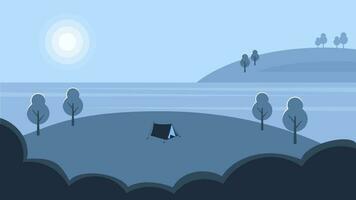 campeggio nel il foresta vicino lago a notte vettore