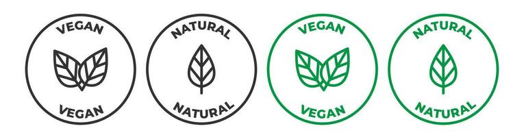 vegano e naturale icona impostare. vegano amichevole etichetta logo con foglia. biologico o natura cibo Prodotto vettore cartello nel verde e nero colore. vegetariano foca o francobollo impostare.