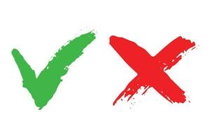 mano disegnato verde dai un'occhiata marchio e rosso attraversare marchio marcatore giusto e sbagliato cartello clipart voto scarabocchio vettore