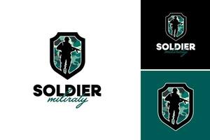 soldato militare logo design è adatto per la creazione di loghi relazionato per militare e soldati. esso può essere Usato per la creazione di distintivi, cerotti, o il branding per a tema militare aziende o organizzazioni. vettore