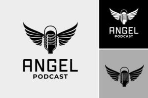 angelo Podcast logo con microfono e Ali è un' design risorsa adatto per la creazione di Podcast loghi con un angelico tema, incorporare elementi piace un' microfono e Ali vettore