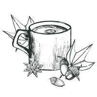 tè boccale con cardamomo stella, acero foglie, ghiande disegnato nel vettore su un' bianca sfondo, nel nero. adatto per stampa su tessuto, carta, e cucina arredamento.