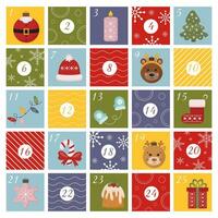 stampabile Natale Avvento calendario per bambini con numeri inverno vacanza elementi. Avvento adesivi, regalo tag, vacanza decorazione. Natale conto alla rovescia. vettore elementi.