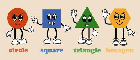 divertente cartone animato di base geometrico figure con viso emozioni, mani e gambe. diverso forme. cerchio, quadrato, triangolo, esagono. comico elementi nel di moda retrò cartone animato stile. vettore illustrazione