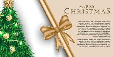 allegro Natale saluto carta con albero decorazioni, nastri e leggero bulbi vettore