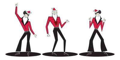 impostato di tre danza Santa Claus personaggi nel retrò stile. Natale vettore illustrazione di Santa discoteca ballerini.
