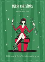 allegro Natale e contento nuovo anno saluto carta. anni '60-'70 retrò stile manifesto con Natale auguri testo. donna personaggi nel rosso vestire, con Champagne, seduta su un' regalo scatola. vettore