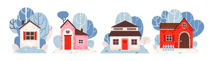 accogliente inverno case collezione. un' Casa su il sfondo di un' inverno paesaggio. cartone animato vettore illustrazione.