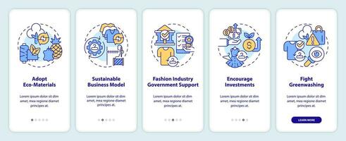 2d icone che rappresentano sostenibile moda mobile App schermo impostare. Procedura dettagliata 5 passaggi colorato grafico Istruzioni con linea icone concetto, ui, ux, gui modello. vettore