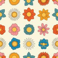 Groovy fiori senza soluzione di continuità modello. retrò 70s sorridente viso fiori grafico elementi isolato. hippy, pace, fiore energia semplice lineare stile Groovy decorativo vettore illustrazione. retrò Vintage ▾ fiori.